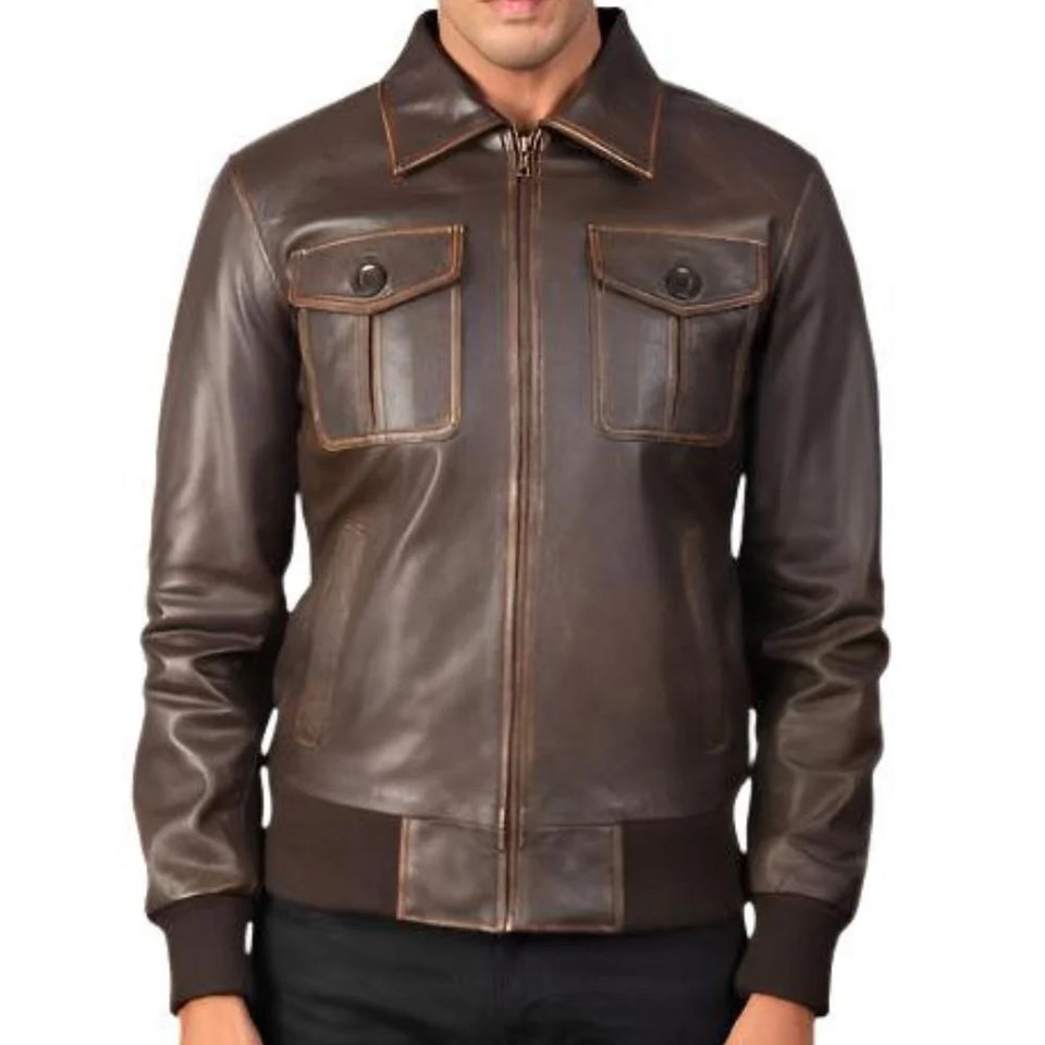 Winter Distressed Brown Premium Cowhide Bomber Leather Jacket For Men