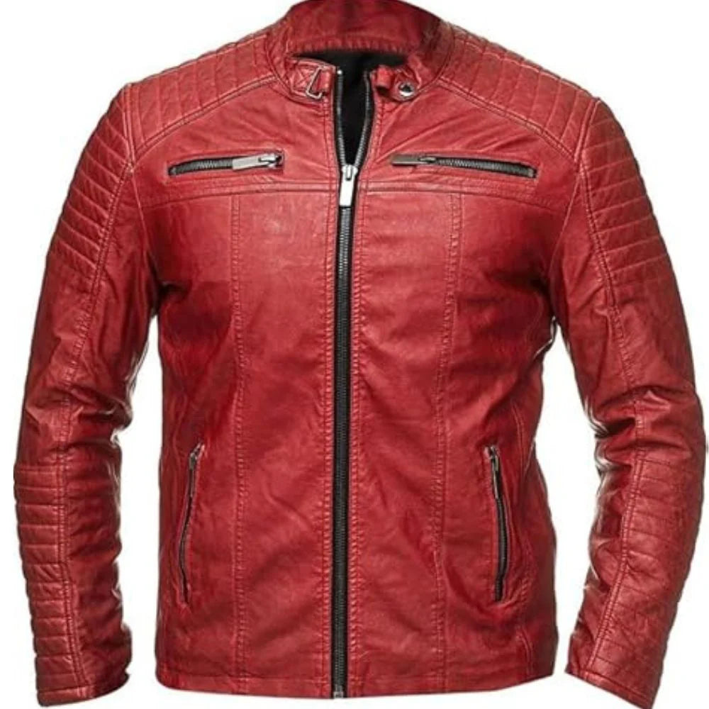 Red Biker Retro Premium Sheepskin Leather Café Racer Jacket For Men