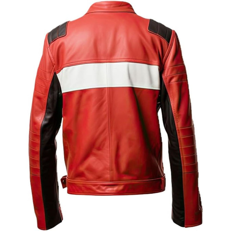 Winter Red Slim-Fit Cafe Racer Pure Sheepskin Leather Jacket For Men