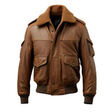 Brown A2 Bomber Sheepskin Faux Shearling Fur Leather Jacket For Men