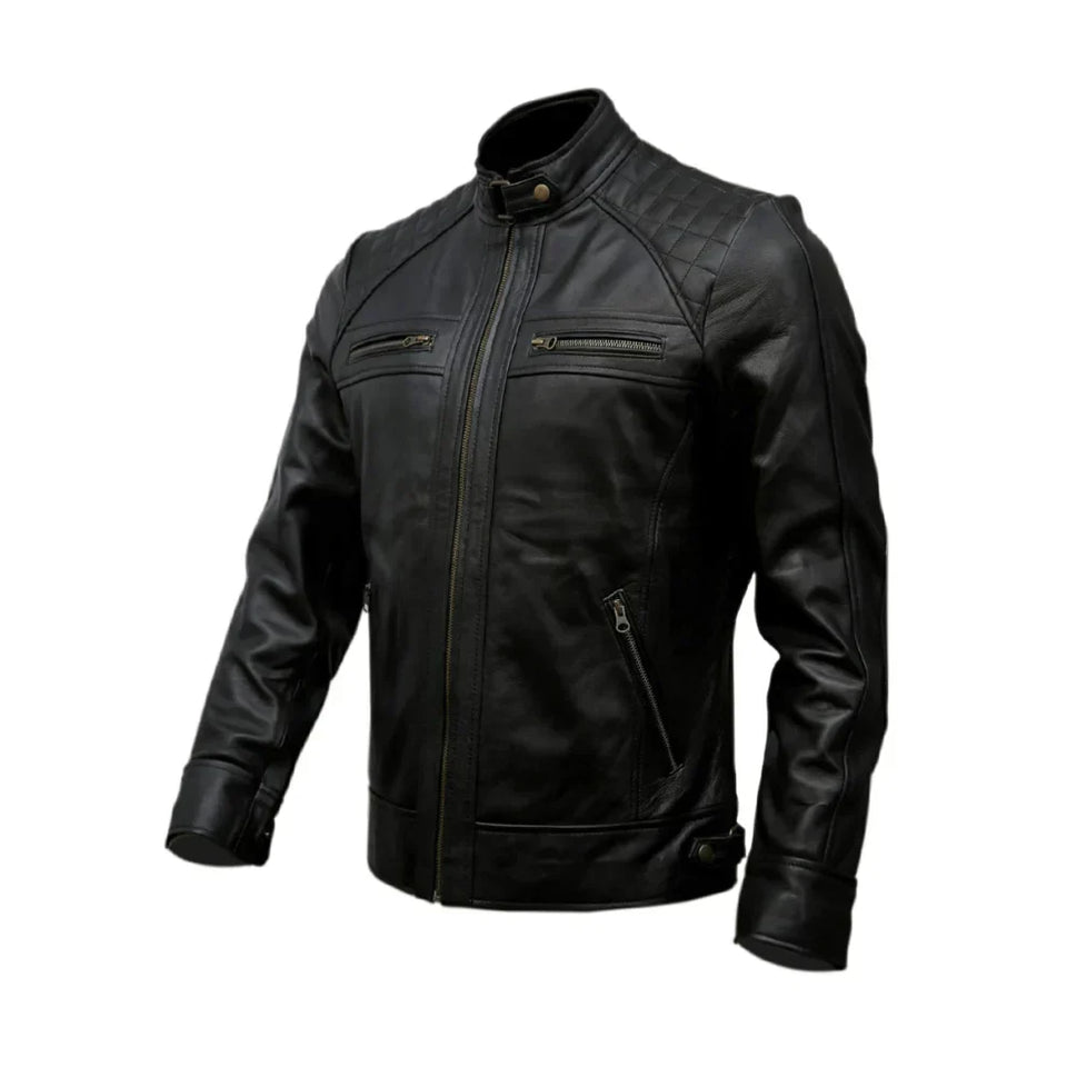 Winter Motorcycle Quilted Pure sheepskin Biker Leather Jacket For Men