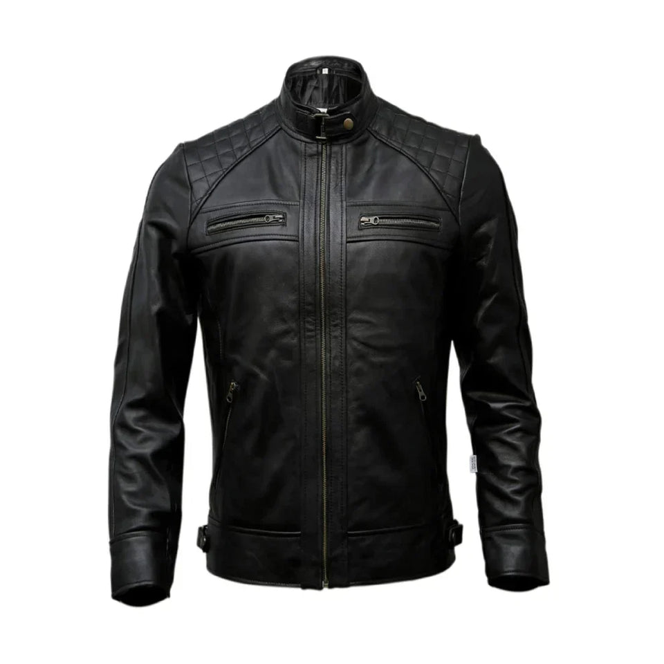 Winter Motorcycle Quilted Pure sheepskin Biker Leather Jacket For Men