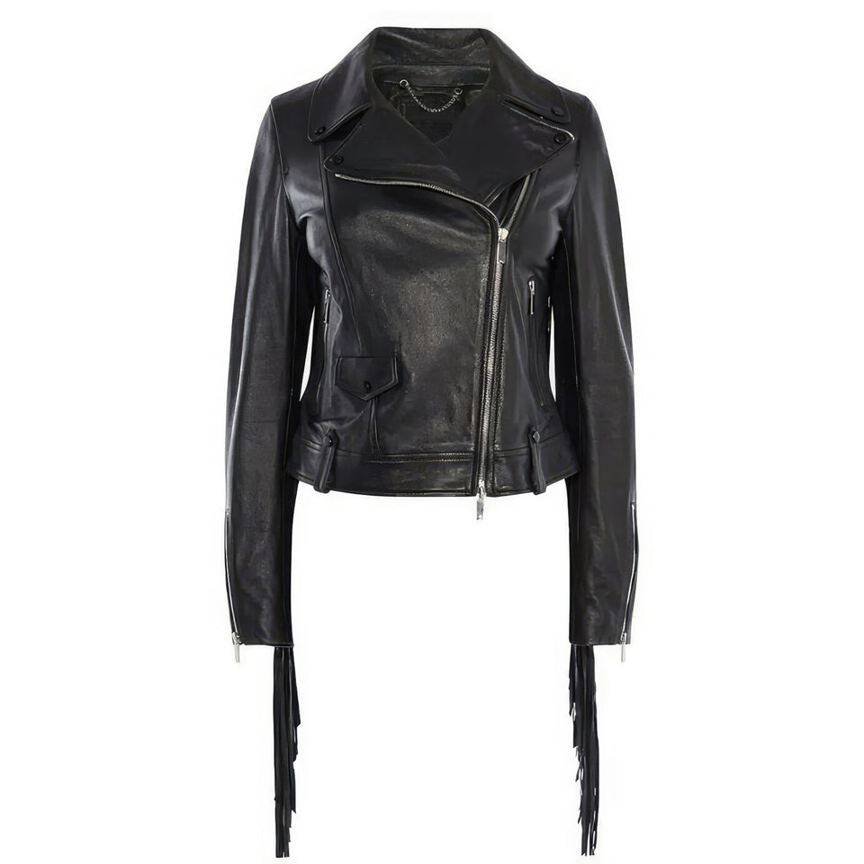 Classic Black Motorcyle Biker Pure Lambskin Leather Jacket For Women