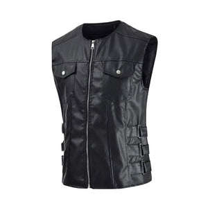 Black Sleeveless Genuine Lambskin Leather Moto Biker Waistcoat For Men