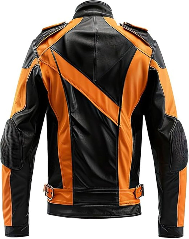 Bold Orange Black Contrast Genuine Sheepskin Motorcycle Jacket For Men