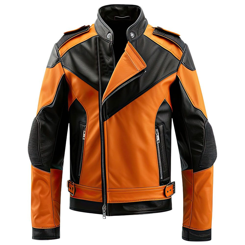 Bold Orange Black Contrast Genuine Sheepskin Motorcycle Jacket For Men