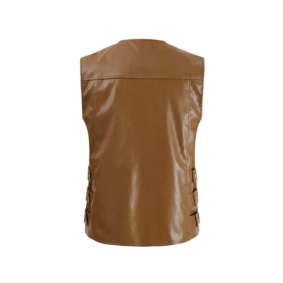 Black Sleeveless Genuine Lambskin Leather Moto Biker Waistcoat For Men