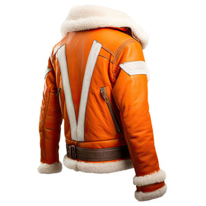 Orange Pure Sheepskin Shearling Faux Fur Bomber Leather Jacket For Men