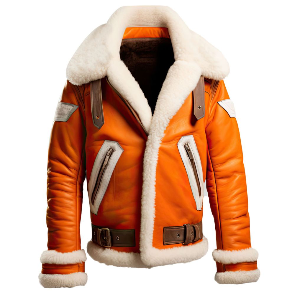 Orange Pure Sheepskin Shearling Faux Fur Bomber Leather Jacket For Men