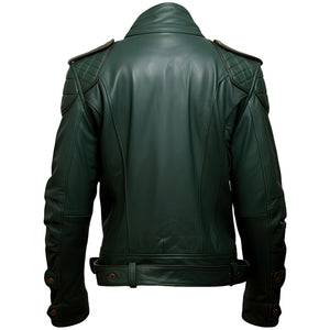 Green Genuine Sheepskin Notched Collar Rider Leather Jacket For Men