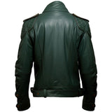 Green Genuine Sheepskin Notched Collar Rider Leather Jacket For Men