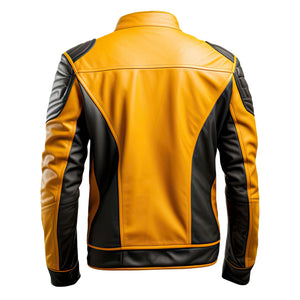 Winter Moto Biker Mustard-Black Pure Sheepskin Leather Jacket For Men