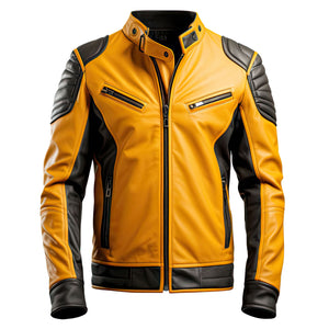 Winter Moto Biker Mustard-Black Pure Sheepskin Leather Jacket For Men