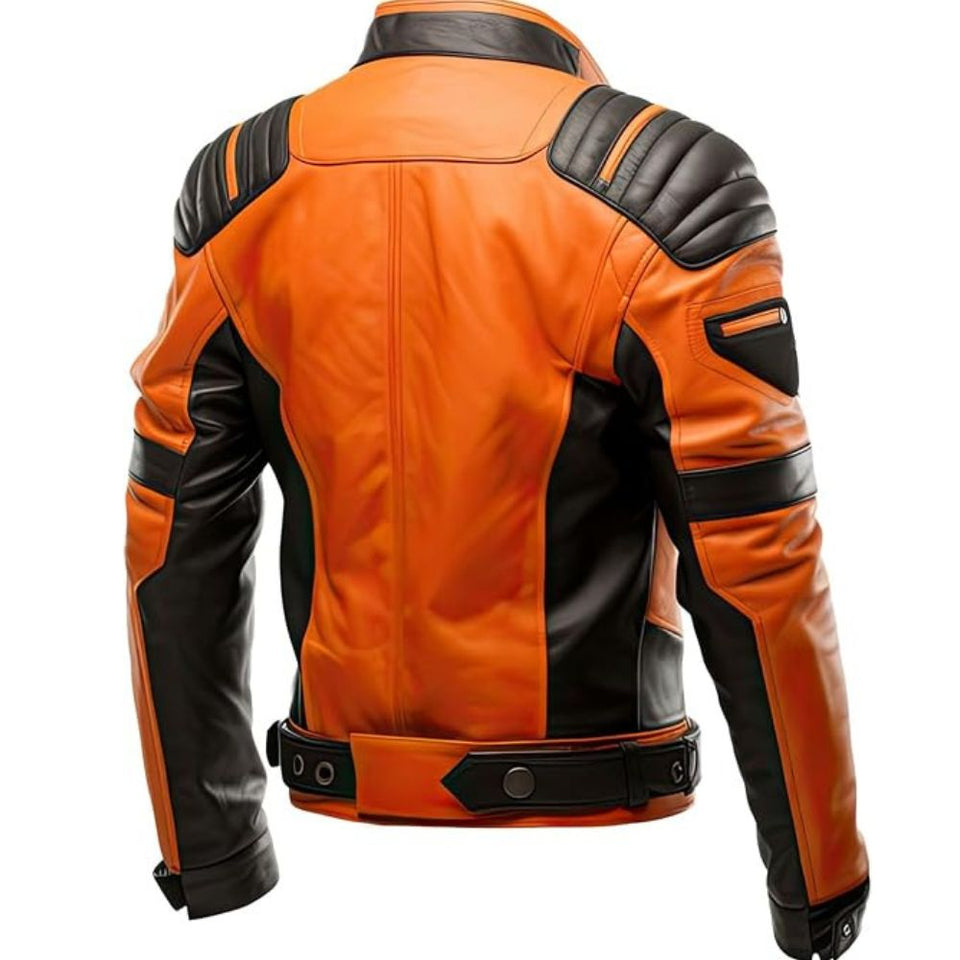 Winter Orange Quilted Pure Sheepskin Motorcycle Leather Jacket For Men