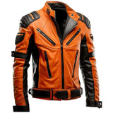 Winter Orange Quilted Pure Sheepskin Motorcycle Leather Jacket For Men