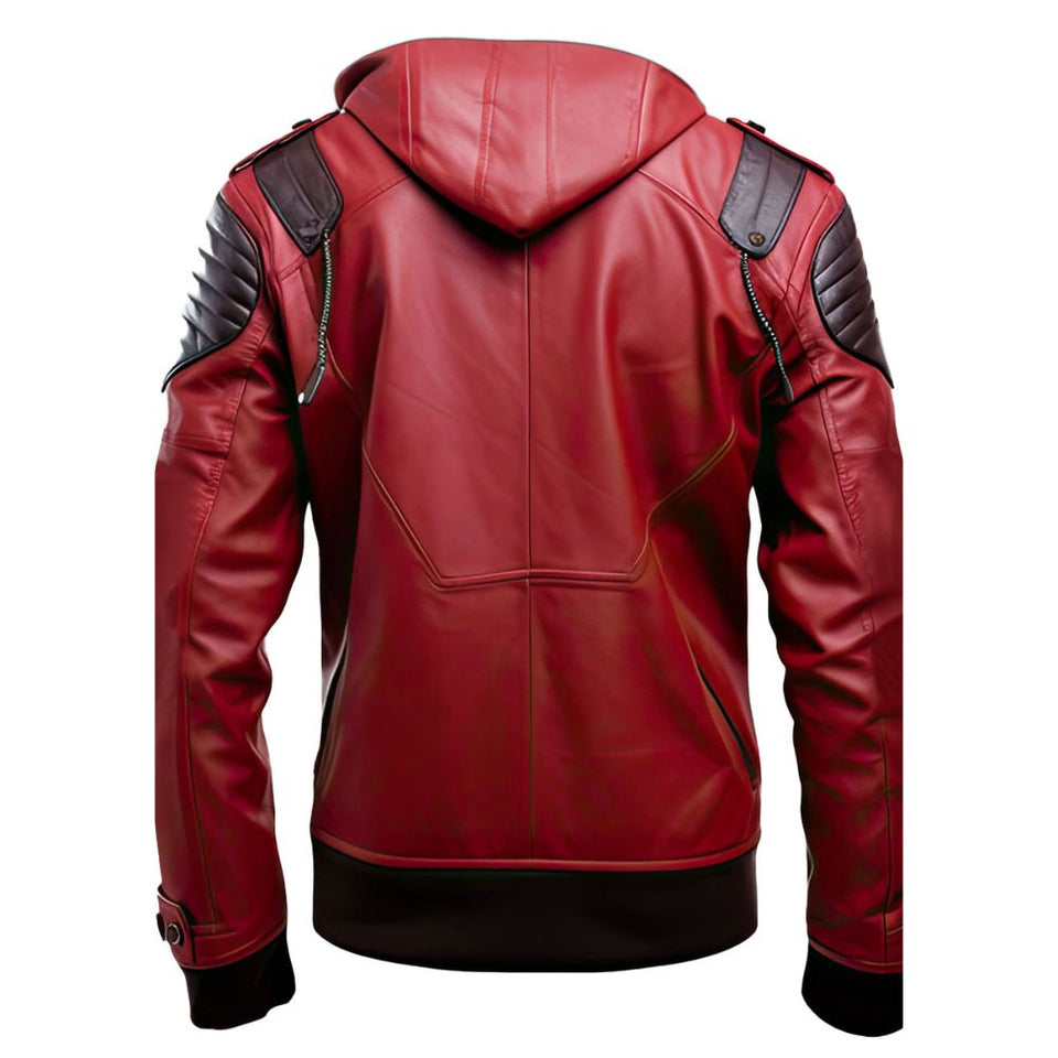 Outerwear Slim-fit Biker Red Hooded Sheepskin Leather Jacket For Men