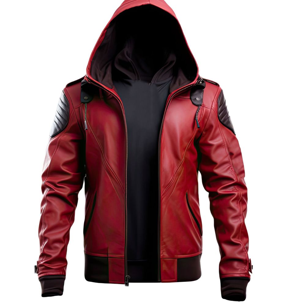 Outerwear Slim-fit Biker Red Hooded Sheepskin Leather Jacket For Men