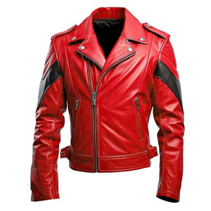 Red Quilted Asymmetric Crossover Moto Sheepskin Leather Jacket For Men