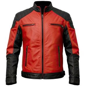 Winter Red Cafe Racer Genuine Sheepskin Biker Leather Jacket For Men