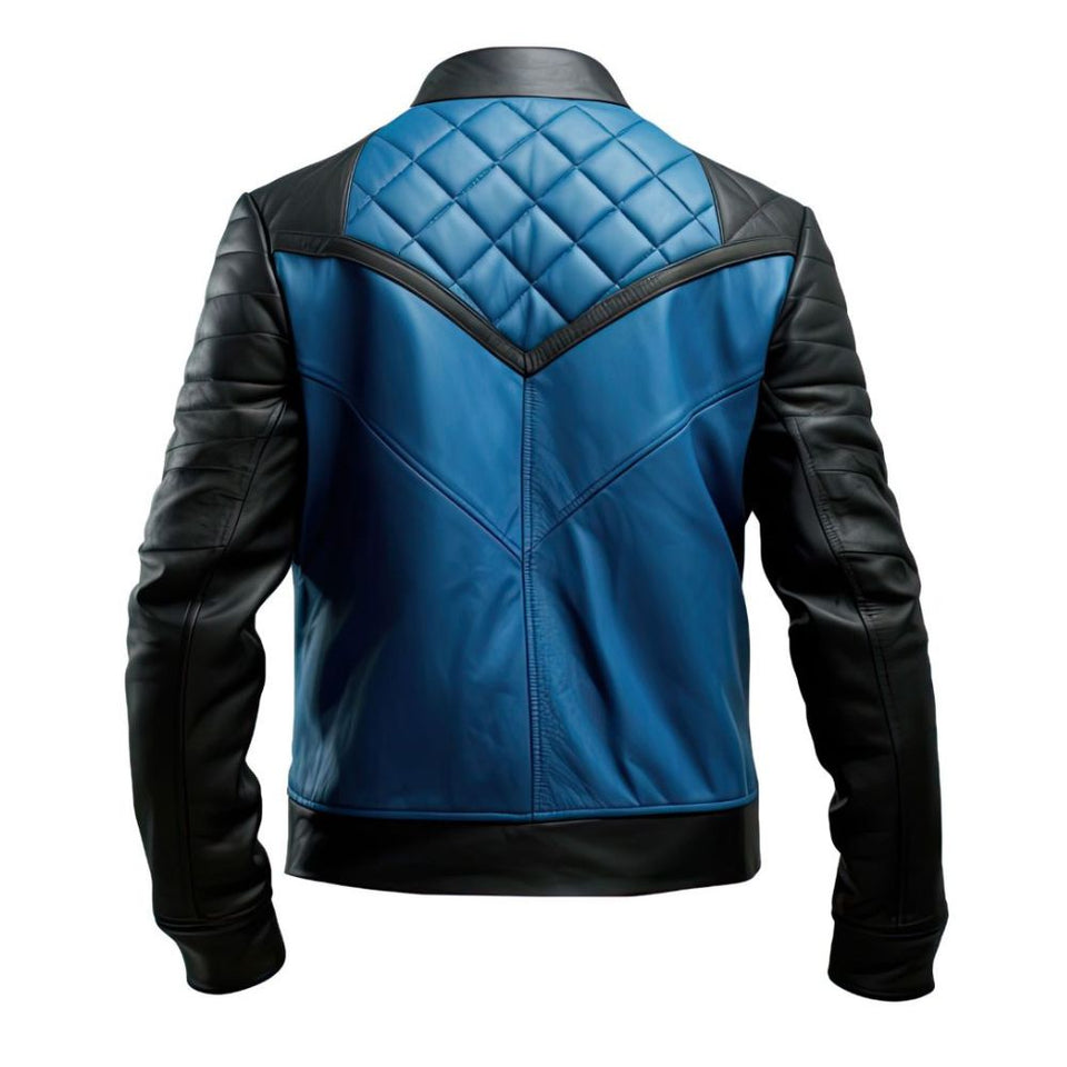 Royal Blue Genuine Sheepskin Quilted Motorcycle Leather Jacket For Men