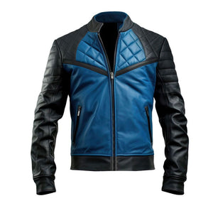 Royal Blue Genuine Sheepskin Quilted Motorcycle Leather Jacket For Men