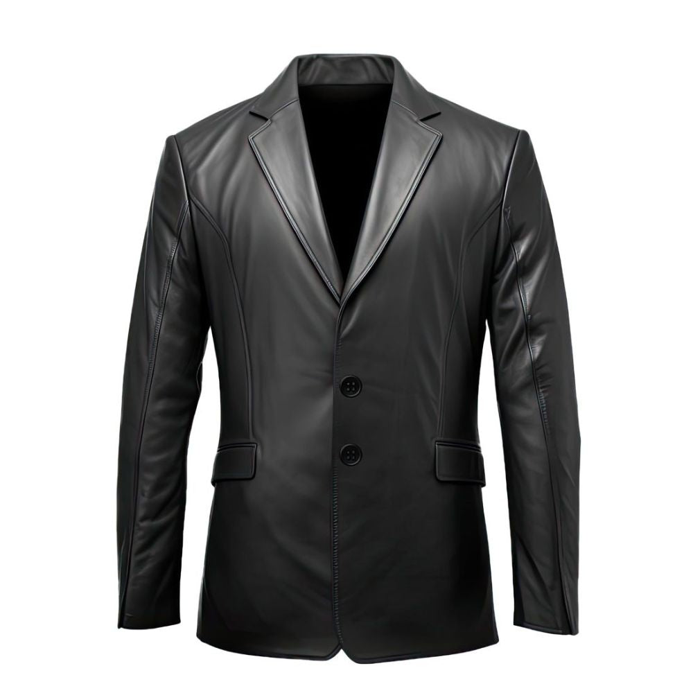 Solid Black Notched Collar Genuine Sheepskin Leather Blazer For Men