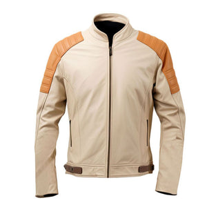 Winter Beige Cafe Racer Slim-fit Pure Sheepskin Leather Jacket For Men