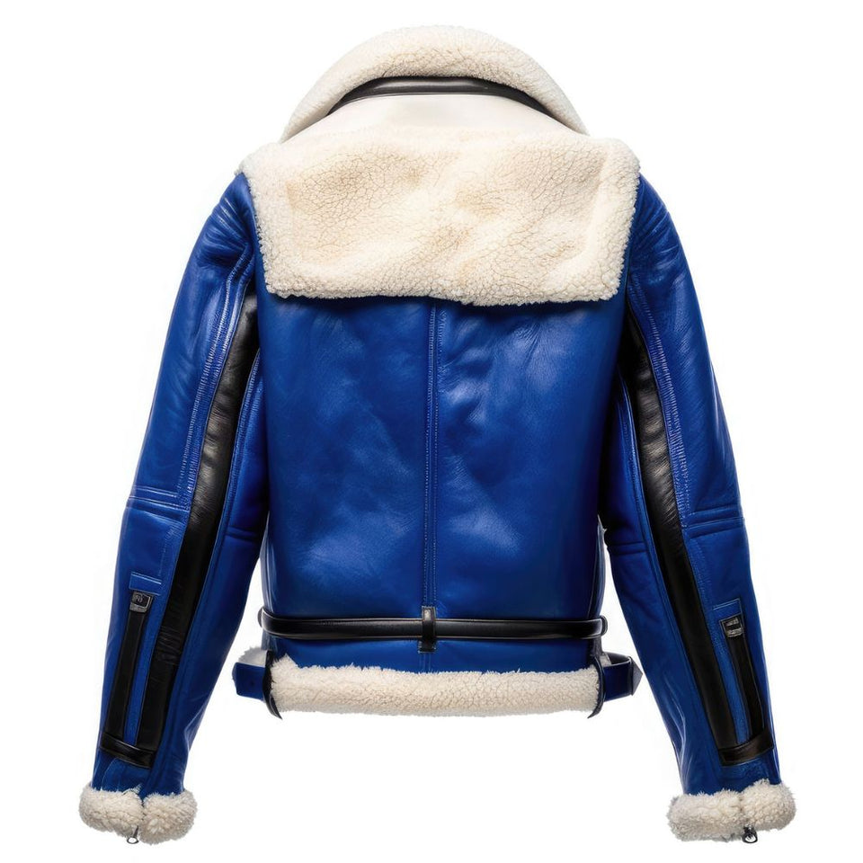 Winter Blue Faux Fur Shearling Pure Sheepskin Leather Jacket For Women