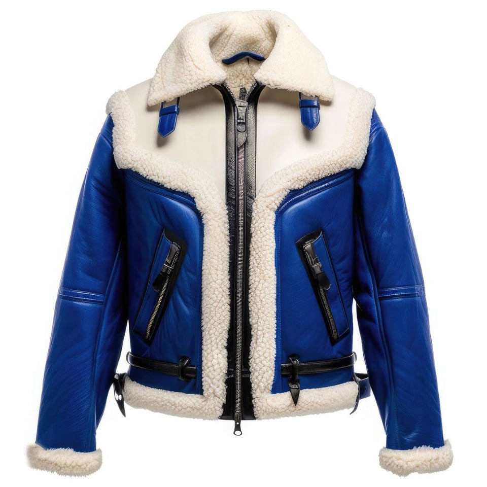 Winter Blue Faux Fur Shearling Pure Sheepskin Leather Jacket For Women