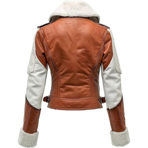 Brown Genuine Sheepskin Shearling Faux Fur Leather Jacket For Women