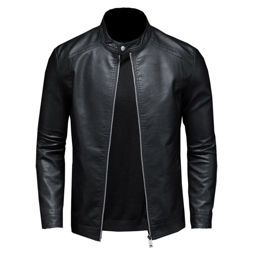 Stone Black Stand-Up Collar Pure Cowhide Biker Leather Jacket For Men