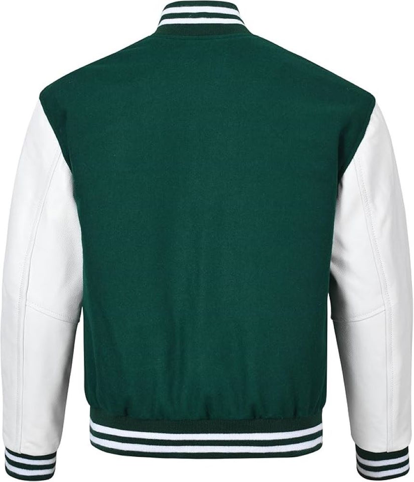 Black Genuine Lambskin Varsity Rib-Knitted Leather Jacket For Men