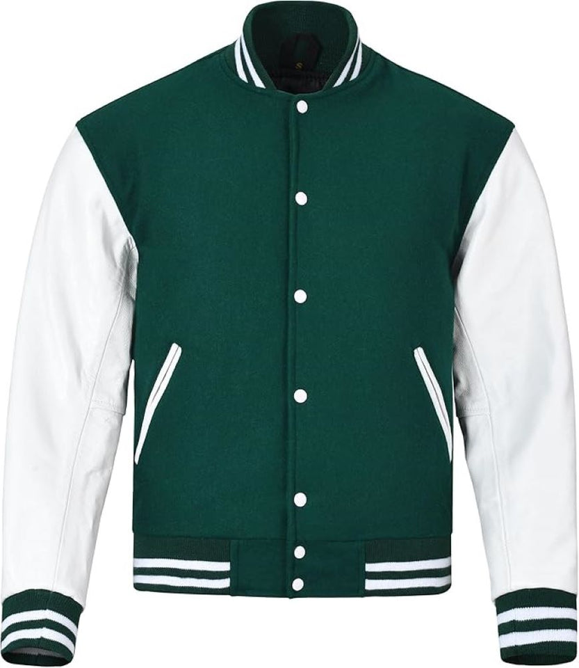Black Genuine Lambskin Varsity Rib-Knitted Leather Jacket For Men