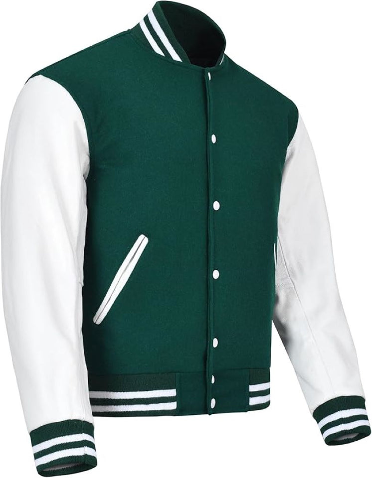 Black Genuine Lambskin Varsity Rib-Knitted Leather Jacket For Men