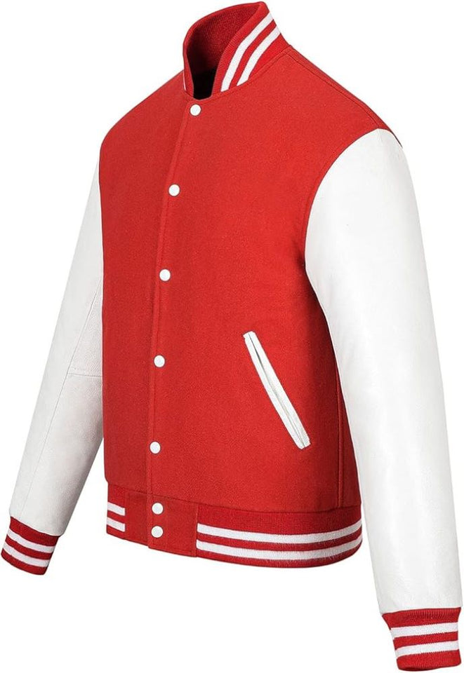 Black Genuine Lambskin Varsity Rib-Knitted Leather Jacket For Men