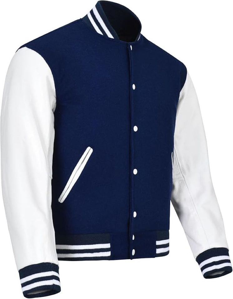 Black Genuine Lambskin Varsity Rib-Knitted Leather Jacket For Men