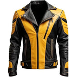 Winter Moto-Style Yellow-Black Pure Sheepskin Leather Jacket For Men