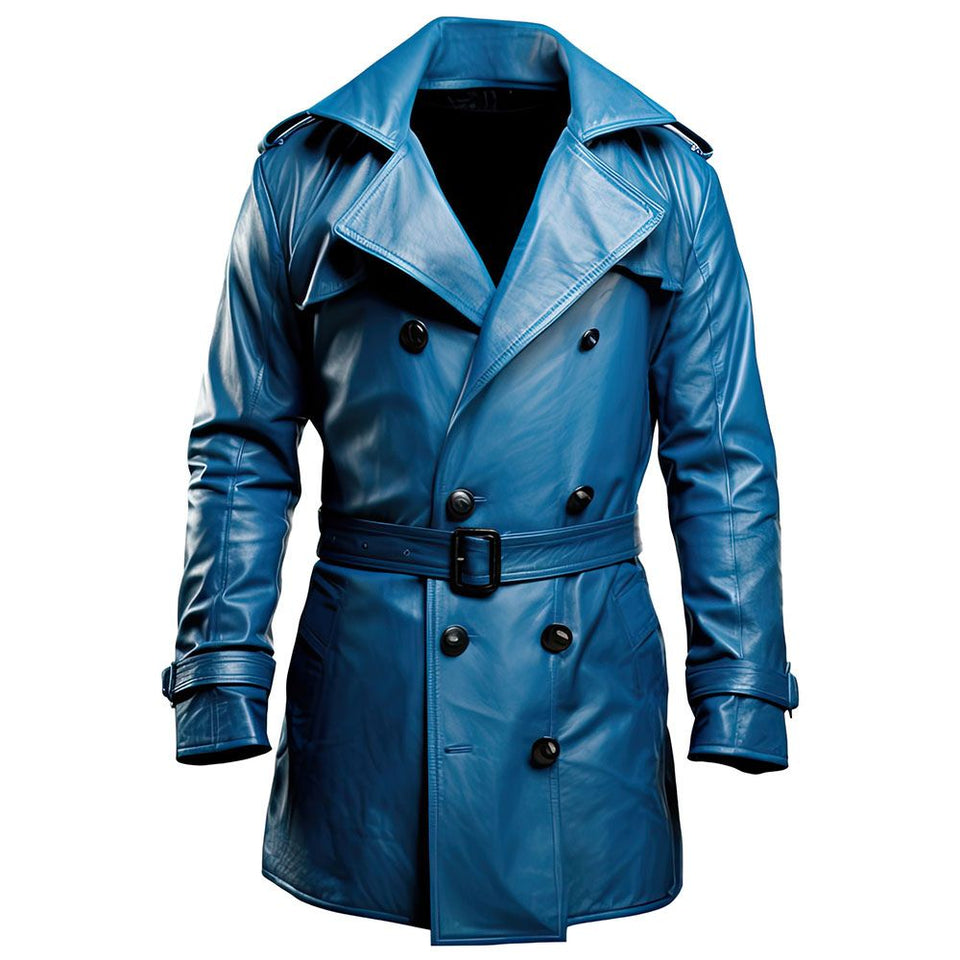 Blue Double-Breasted Premium Sheepskin Leather Trench Coat For Women