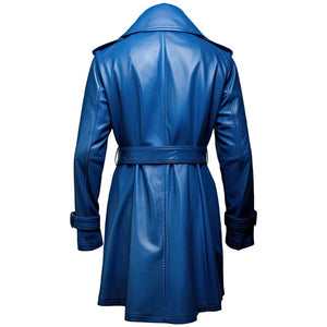 Blue Double-Breasted Premium Sheepskin Leather Trench Coat For Women