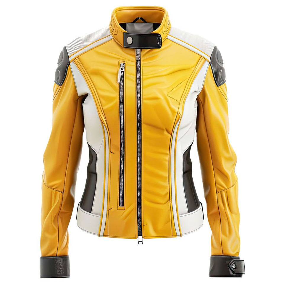 Winter Moto-Style Yellow-White Pure Sheepskin Leather Jacket For Women