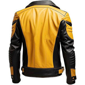 Winter Moto-Style Yellow-Black Pure Sheepskin Leather Jacket For Men