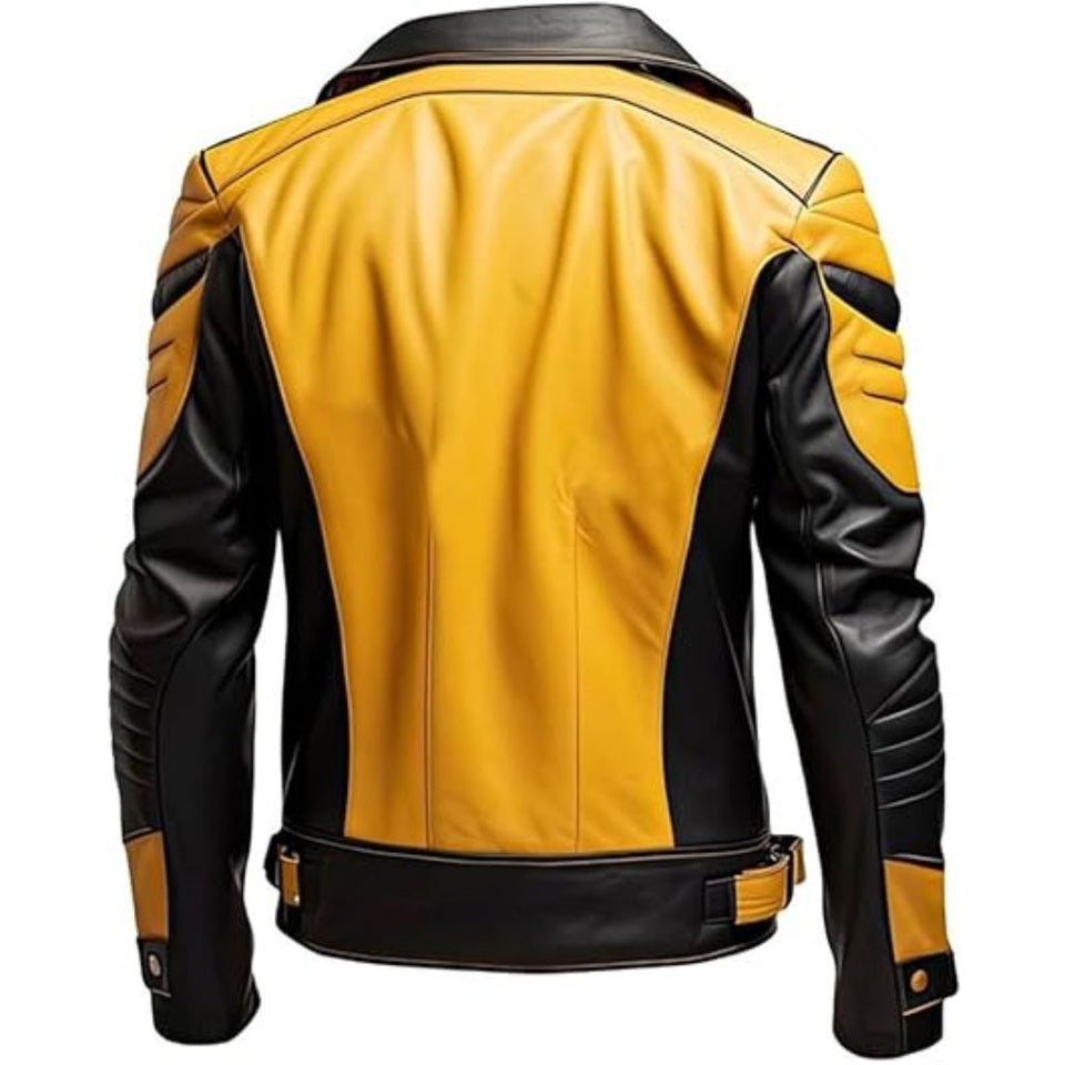 Winter Moto-Style Yellow-Black Pure Sheepskin Leather Jacket For Men