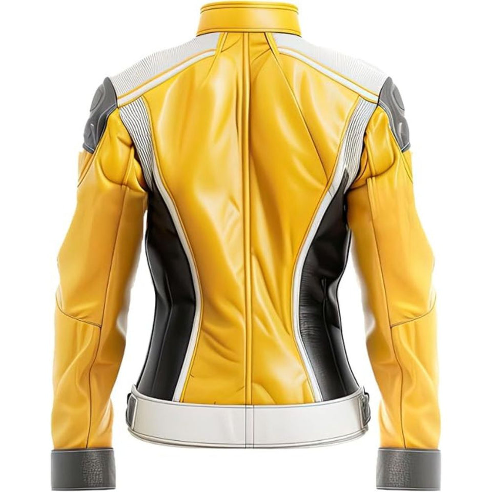 Winter Moto-Style Yellow-White Pure Sheepskin Leather Jacket For Women