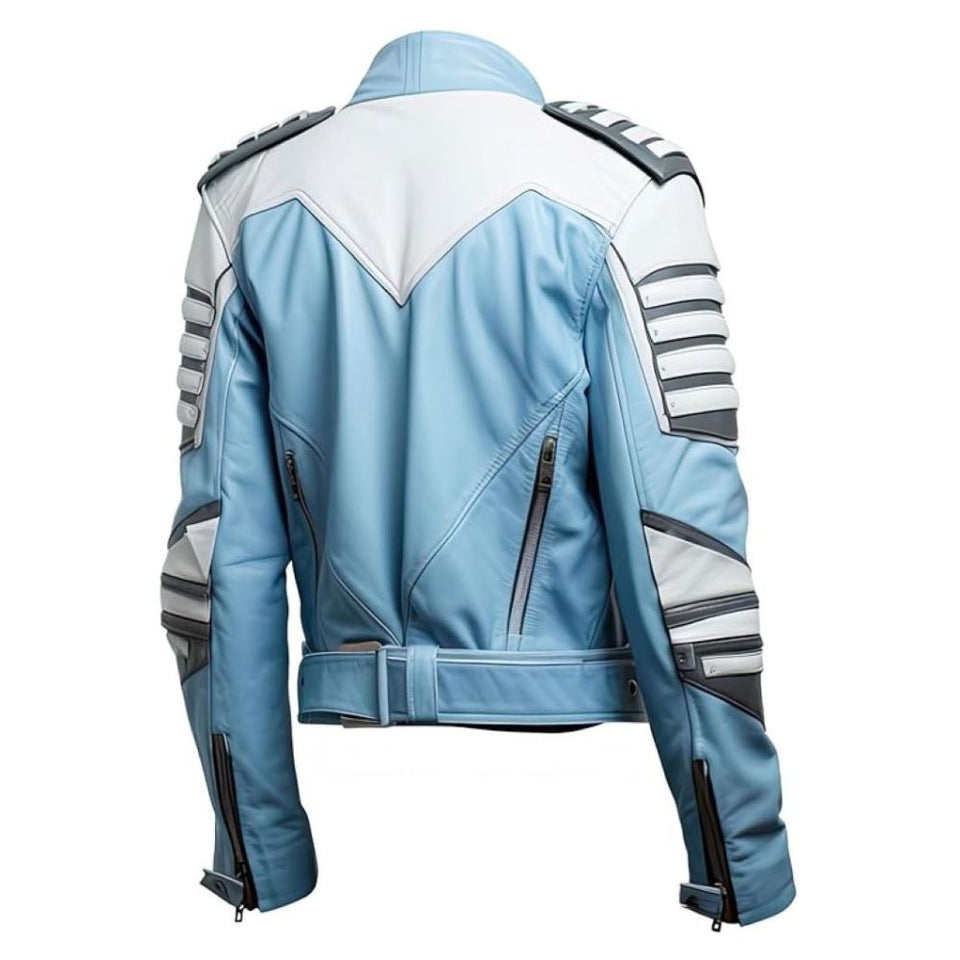 White Striped Motorcycle Crossover Sheepskin Leather Jacket For Men