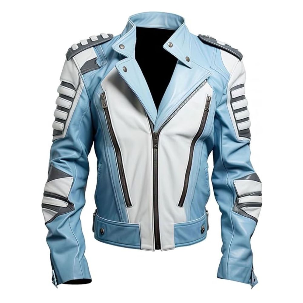 White Striped Motorcycle Crossover Sheepskin Leather Jacket For Men