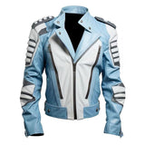 White Striped Motorcycle Crossover Sheepskin Leather Jacket For Men