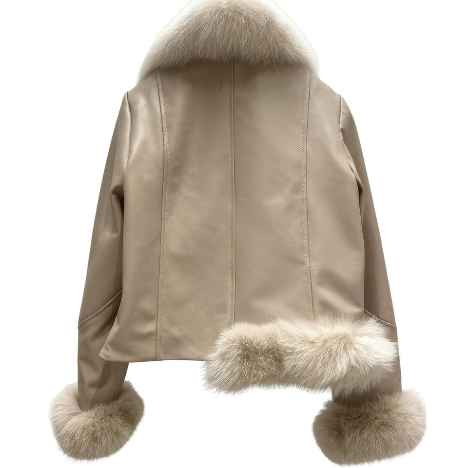 Apricot Faux Shearling Fur Genuine Sheepskin Leather Jacket For Women