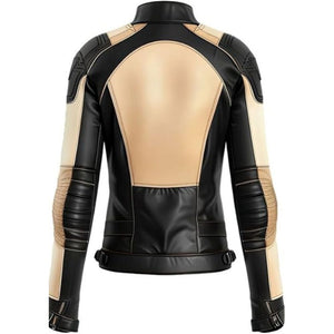 Classic Beige Black Pure Sheepskin Motorcycle Leather Jacket For Women