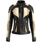 Classic Beige Black Pure Sheepskin Motorcycle Leather Jacket For Women