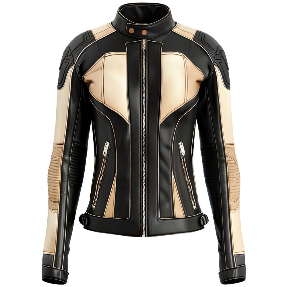 Classic Beige Black Pure Sheepskin Motorcycle Leather Jacket For Women